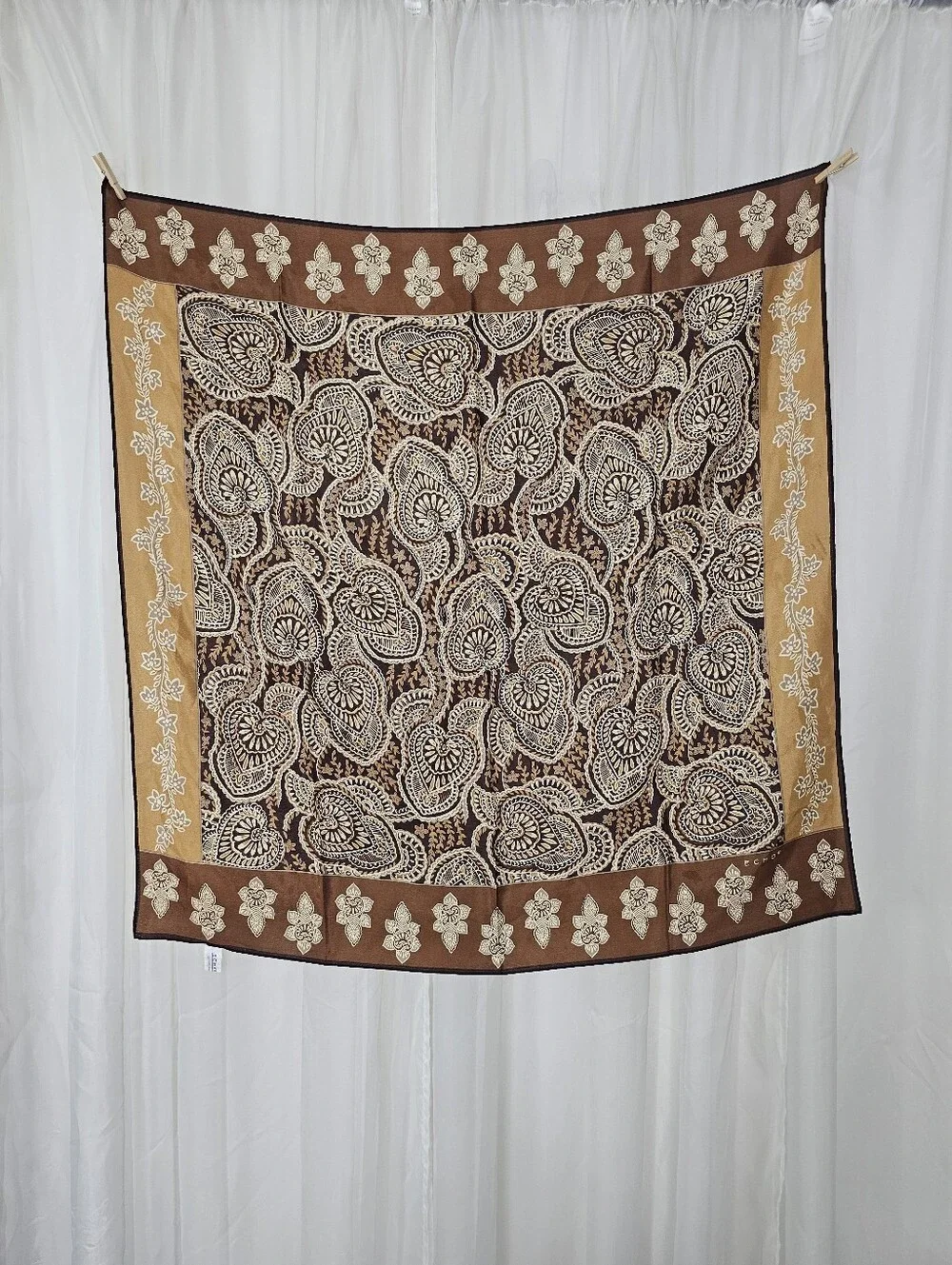 Echo 100% Silk Square Scarf Brown Tan Floral Paisley Boho Neck Hair Bag